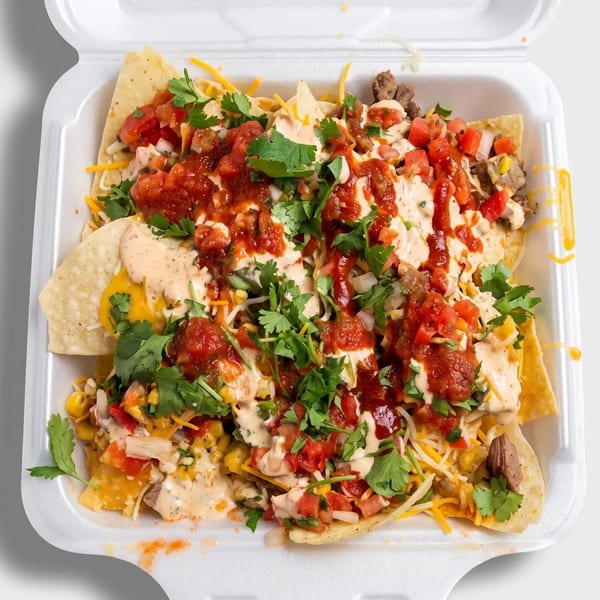 Loaded nachos with salsa, sour cream, cheese, and cilantro in a white takeout container.