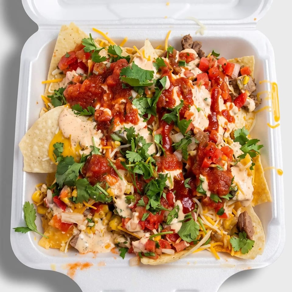Loaded nachos with salsa, sour cream, cheese, and cilantro in a white takeout container.