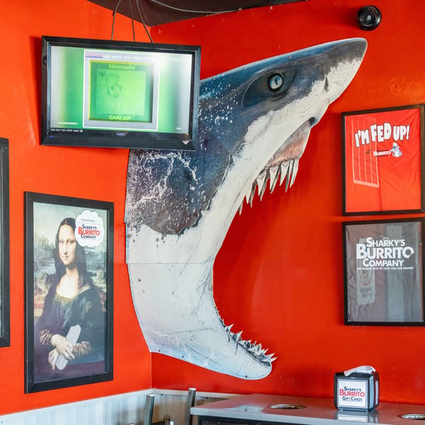 Sharky's Burrito Company interior featuring a large mounted shark, red walls, framed artwork, promotional posters, and a television.
